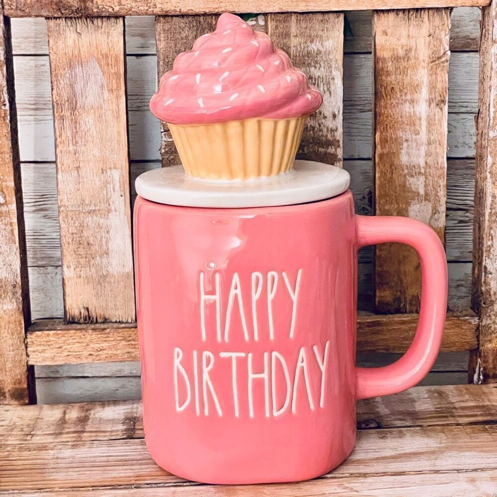 NWT Rae Dunn Gorgeous “HAPPY BIRTHDAY” Pink Glossy Ceramic Mug with Cupcake Lid
